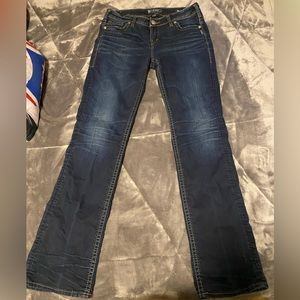 Blue low-rise silver mid-straight jeans. Waist 30 length 32